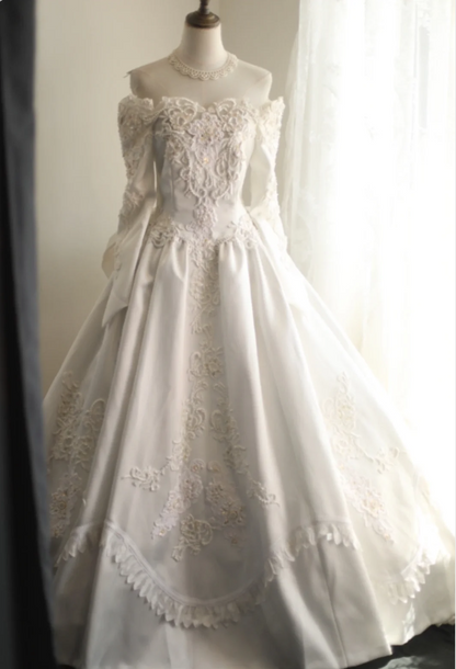 Retro Princess One Shoulder Long Sleeve Beaded Satin Back Butterfly Wedding Dress P2842