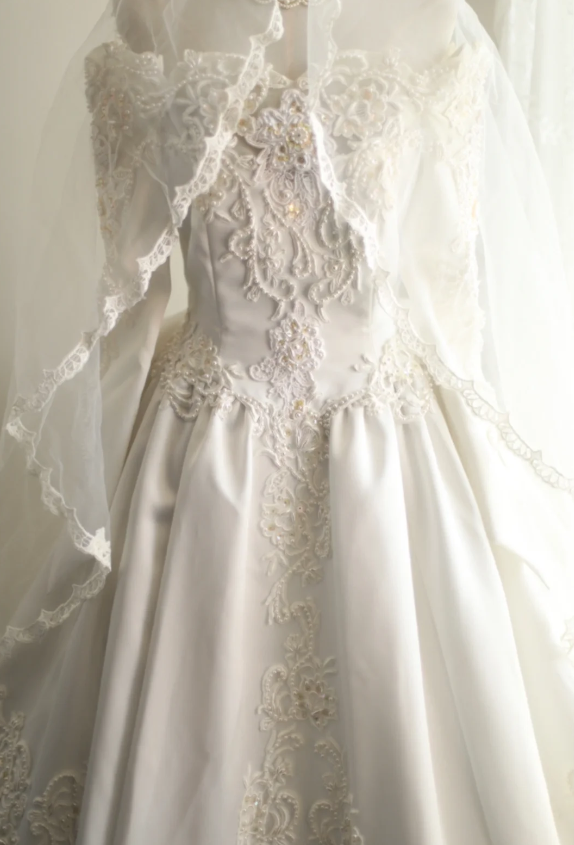 Retro Princess One Shoulder Long Sleeve Beaded Satin Back Butterfly Wedding Dress P2842