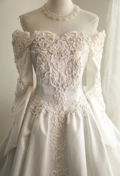 Retro Princess One Shoulder Long Sleeve Beaded Satin Back Butterfly Wedding Dress P2842