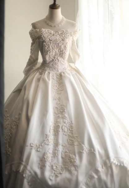 Retro Princess One Shoulder Long Sleeve Beaded Satin Back Butterfly Wedding Dress P2842