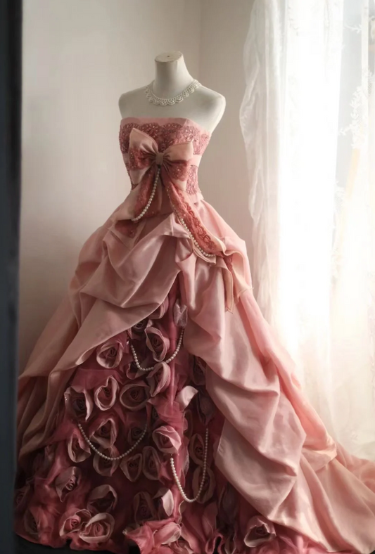 Pink Rose Irregular Pleated Handmade Flower Puffy Princess Wedding Dress P2845