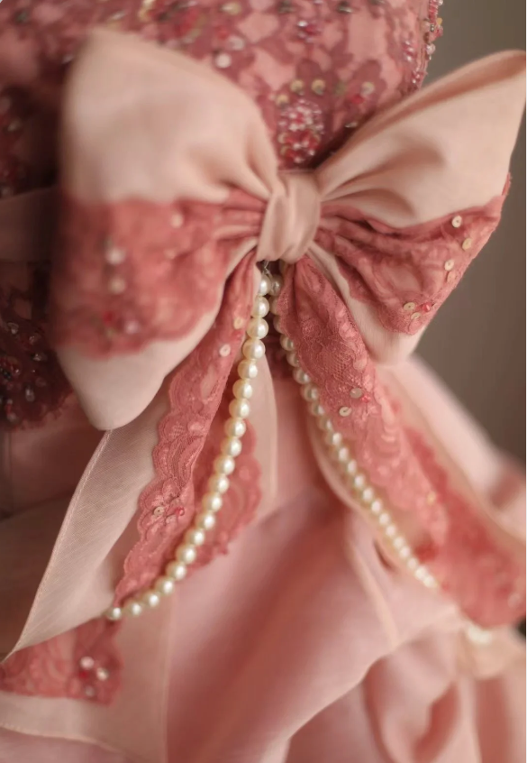 Pink Rose Irregular Pleated Handmade Flower Puffy Princess Wedding Dress P2845