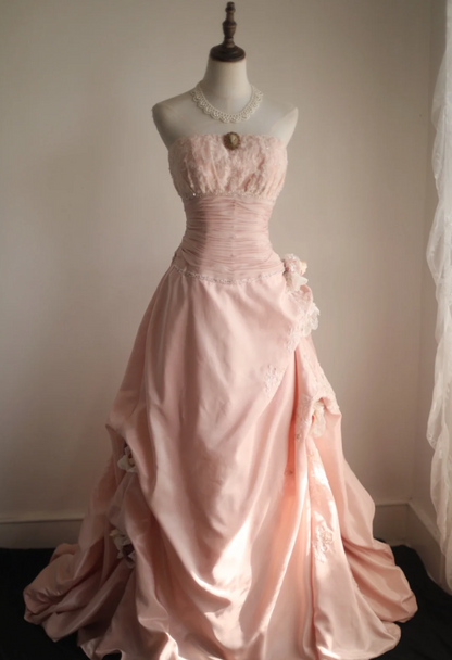 Retro Princess Pink Tube Top Irregular Puff Wedding Dress P2846