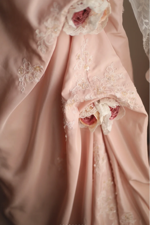 Retro Princess Pink Tube Top Irregular Puff Wedding Dress P2846