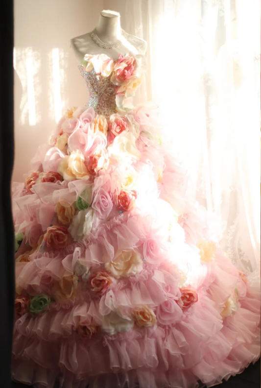 Gorgeous Princess Pink Rose Handmade Flower Fluffy A-line Wedding Dress P2848