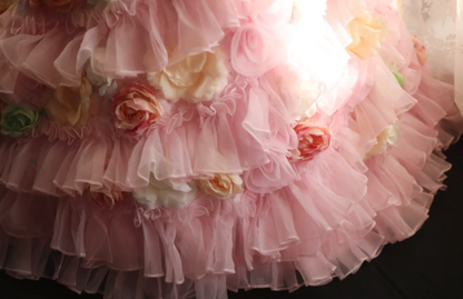 Gorgeous Princess Pink Rose Handmade Flower Fluffy A-line Wedding Dress P2848