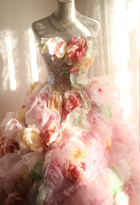 Gorgeous Princess Pink Rose Handmade Flower Fluffy A-line Wedding Dress P2848