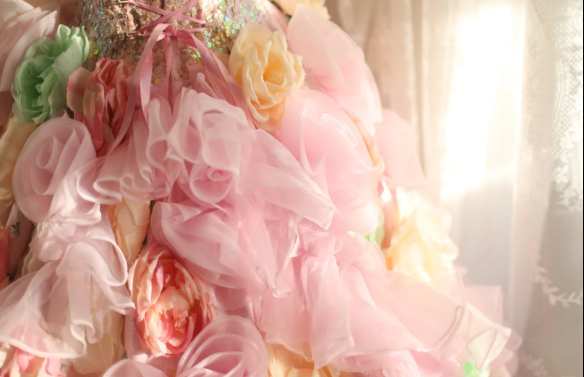 Gorgeous Princess Pink Rose Handmade Flower Fluffy A-line Wedding Dress P2848