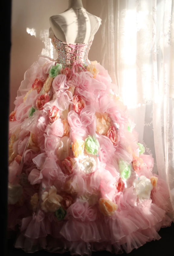 Gorgeous Princess Pink Rose Handmade Flower Fluffy A-line Wedding Dress P2848