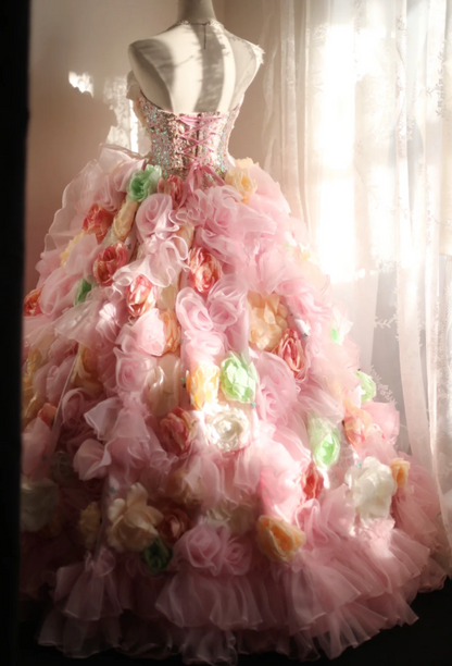 Gorgeous Princess Pink Rose Handmade Flower Fluffy A-line Wedding Dress P2848