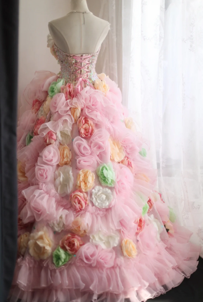 Gorgeous Princess Pink Rose Handmade Flower Fluffy A-line Wedding Dress P2848