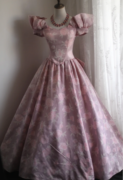 Princess Rose Print Satin Bow Puff Wedding Dress P2851