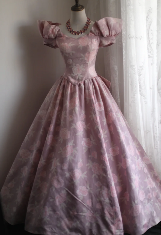 Princess Rose Print Satin Bow Puff Wedding Dress P2851