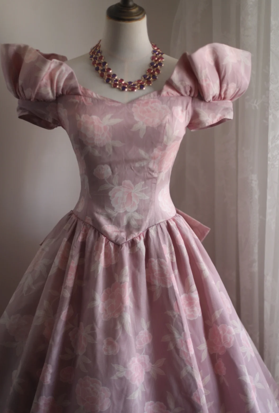 Princess Rose Print Satin Bow Puff Wedding Dress P2851