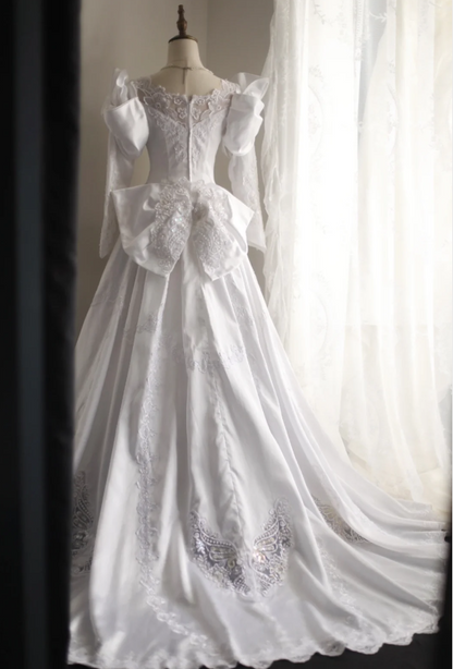 French court retro leg of mutton sleeve beaded satin wedding dress P2852