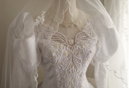 French court retro leg of mutton sleeve beaded satin wedding dress P2852