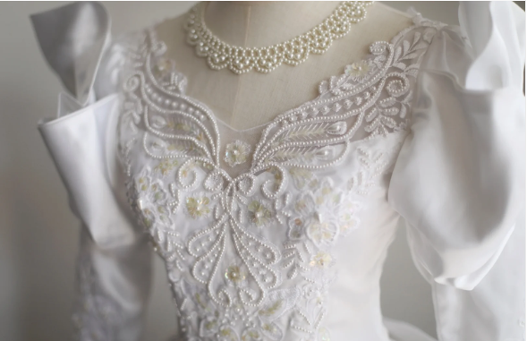 French court retro leg of mutton sleeve beaded satin wedding dress P2852