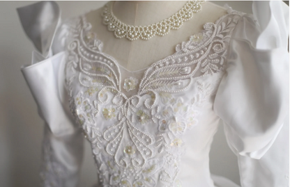 French court retro leg of mutton sleeve beaded satin wedding dress P2852