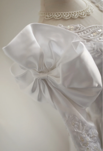 French court retro leg of mutton sleeve beaded satin wedding dress P2852