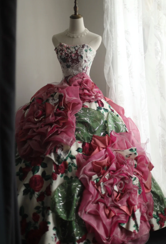 Dreamy Heavy Rose Printed Satin Handmade Flower Puffy Princess Wedding Dress P2853