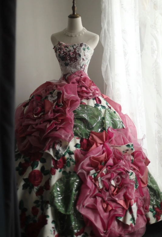 Dreamy Heavy Rose Printed Satin Handmade Flower Puffy Princess Wedding Dress P2853