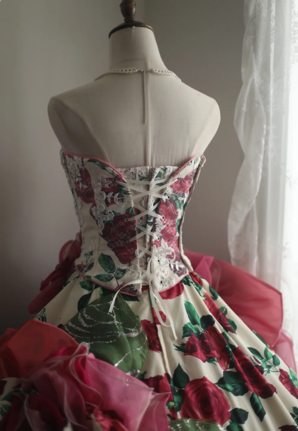 Dreamy Heavy Rose Printed Satin Handmade Flower Puffy Princess Wedding Dress P2853