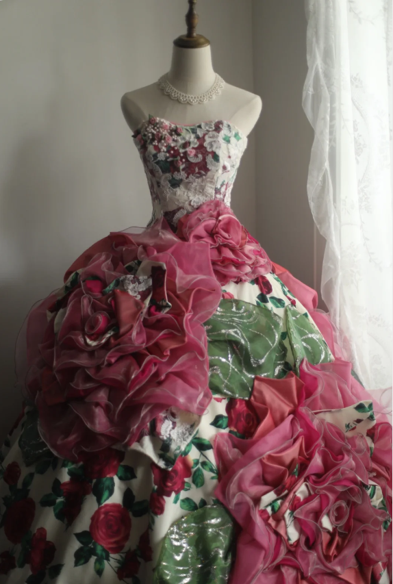 Dreamy Heavy Rose Printed Satin Handmade Flower Puffy Princess Wedding Dress P2853