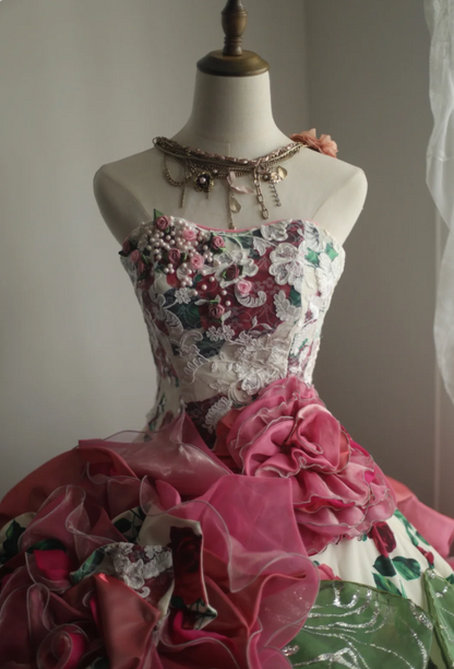 Dreamy Heavy Rose Printed Satin Handmade Flower Puffy Princess Wedding Dress P2853