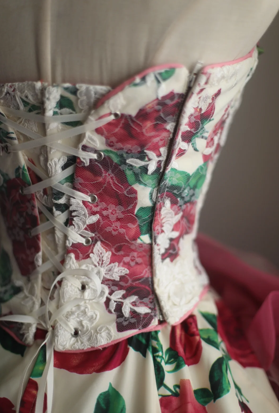 Dreamy Heavy Rose Printed Satin Handmade Flower Puffy Princess Wedding Dress P2853