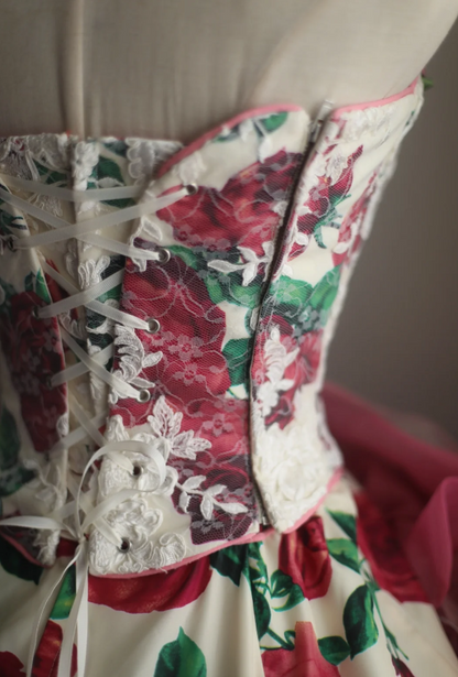 Dreamy Heavy Rose Printed Satin Handmade Flower Puffy Princess Wedding Dress P2853