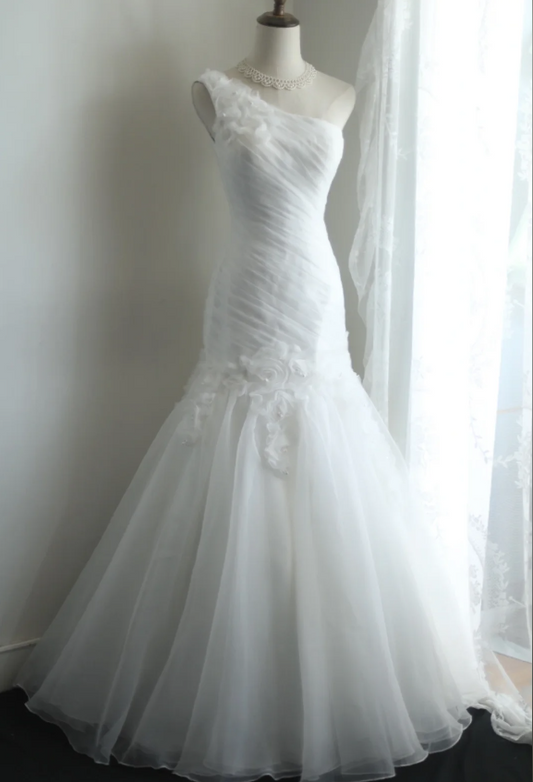 Elegant white flower retro palace slim fishtail tulle wedding dress P2854