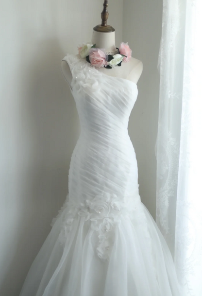 Elegant white flower retro palace slim fishtail tulle wedding dress P2854