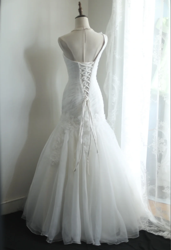 Elegant white flower retro palace slim fishtail tulle wedding dress P2854