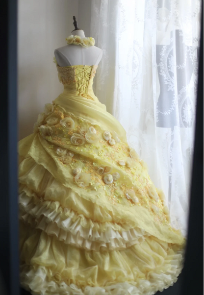 Vintage Heavy Handmade Flower Tube Top Light Yellow Pleated Layered Puff Wedding Dress P2856