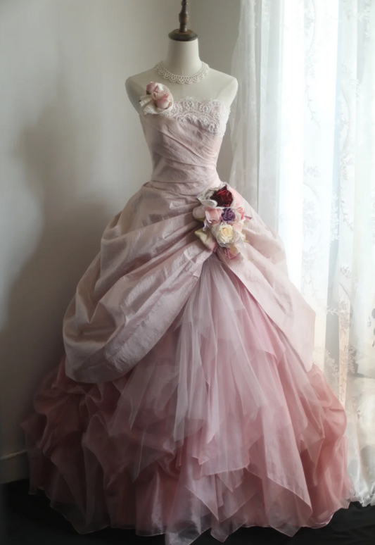 Princess Pink Tulle Irregular Skirt Puffy Floor-length Wedding Dress P2857