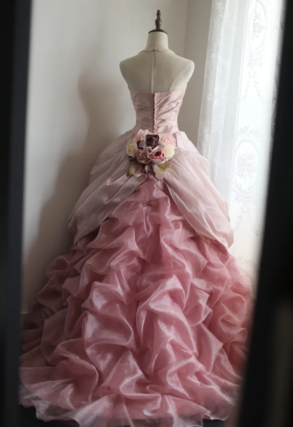 Princess Pink Tulle Irregular Skirt Puffy Floor-length Wedding Dress P2857