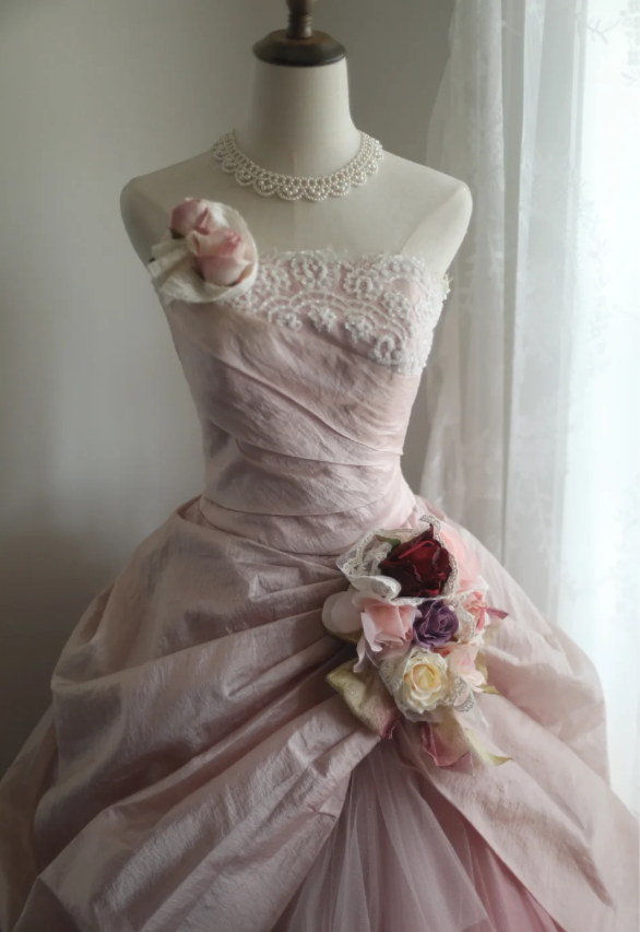 Princess Pink Tulle Irregular Skirt Puffy Floor-length Wedding Dress P2857