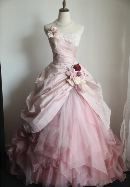Princess Pink Tulle Irregular Skirt Puffy Floor-length Wedding Dress P2857