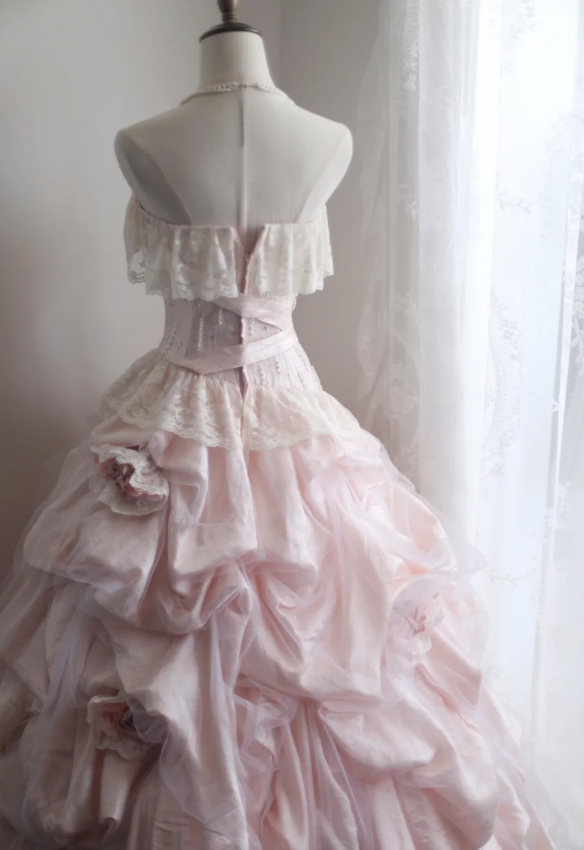 Princess Pink Tube Top Irregular Skirt Pleated Lace Edge Puffy Wedding Dress P2858