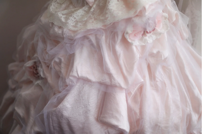 Princess Pink Tube Top Irregular Skirt Pleated Lace Edge Puffy Wedding Dress P2858