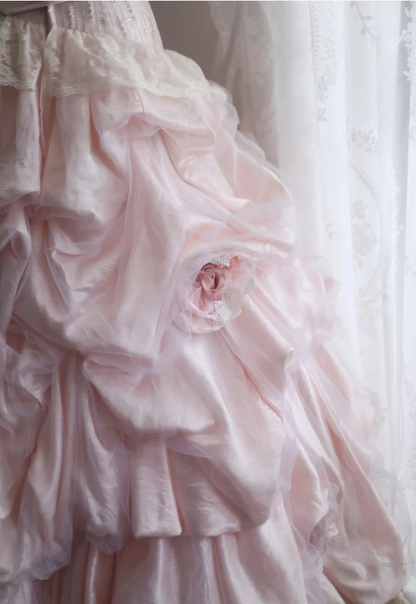 Princess Pink Tube Top Irregular Skirt Pleated Lace Edge Puffy Wedding Dress P2858