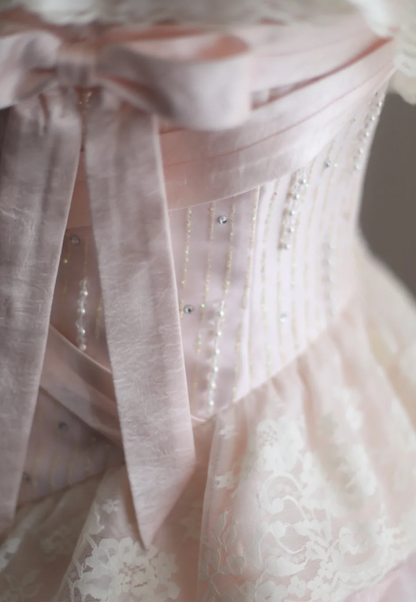 Princess Pink Tube Top Irregular Skirt Pleated Lace Edge Puffy Wedding Dress P2858