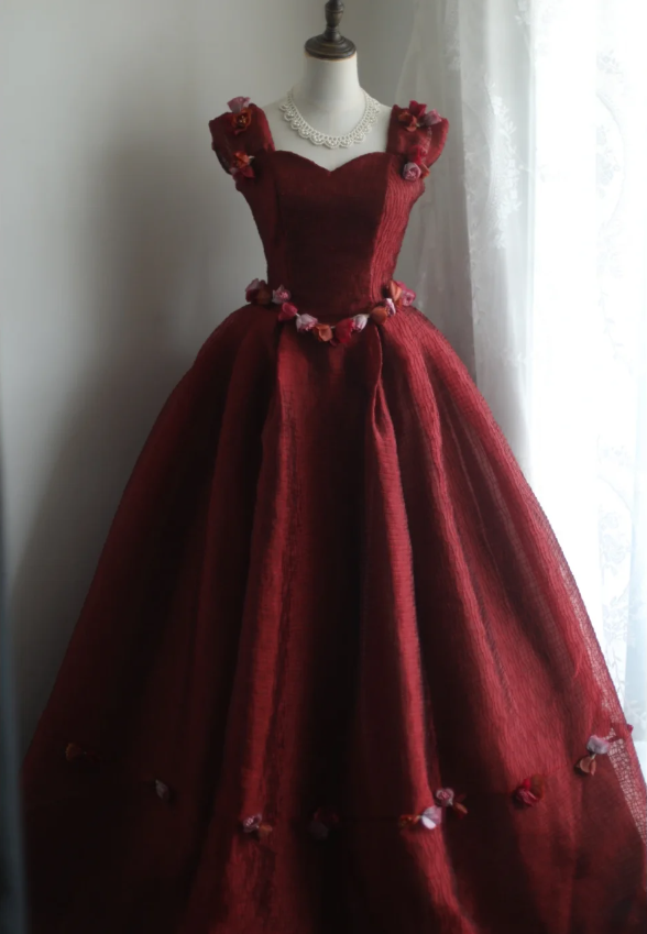 Gorgeous burgundy retro shoulder-wrapped sweetheart neckline puffy princess wedding dress P2859