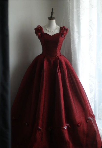 Gorgeous burgundy retro shoulder-wrapped sweetheart neckline puffy princess wedding dress P2859