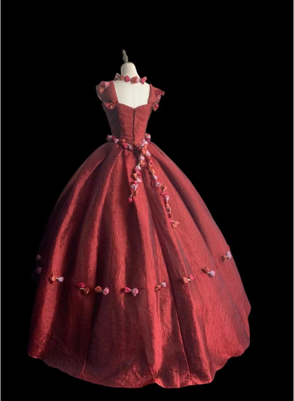 Gorgeous burgundy retro shoulder-wrapped sweetheart neckline puffy princess wedding dress P2859