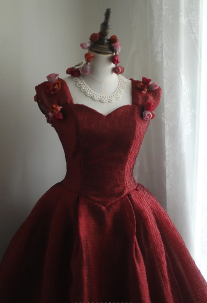 Gorgeous burgundy retro shoulder-wrapped sweetheart neckline puffy princess wedding dress P2859