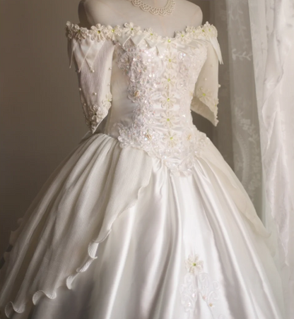 Soft cream hand-beaded one-shoulder vintage wedding dress P2863