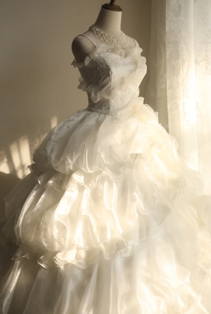 Princess skirt irregular pleated white cake puffy wedding dress P2865