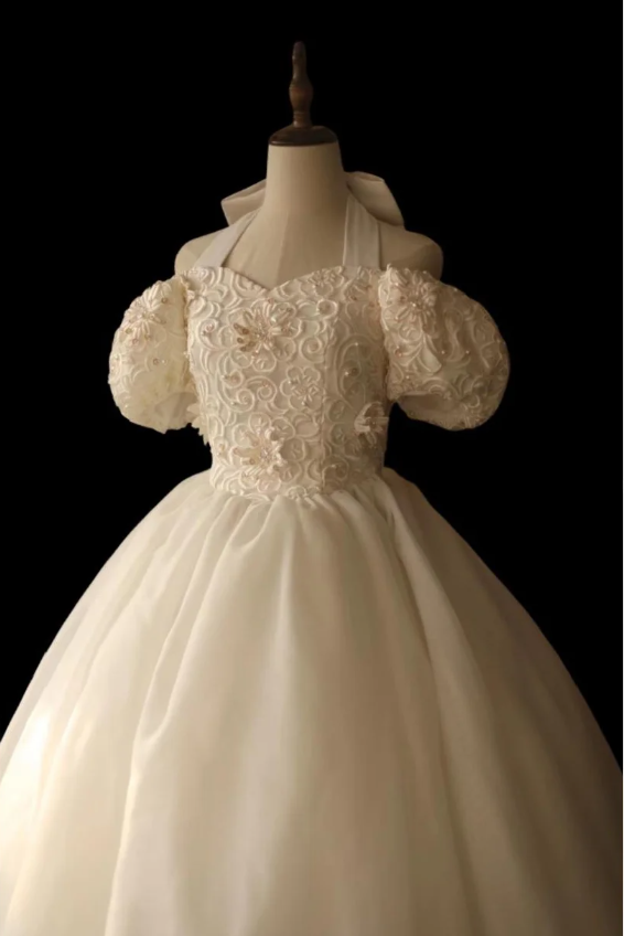 Princess Puff Sleeve Halter Neck Beaded Puff Wedding Dress P2866