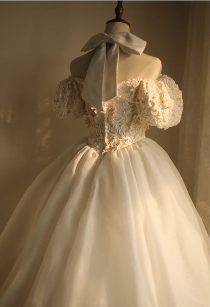 Princess Puff Sleeve Halter Neck Beaded Puff Wedding Dress P2866